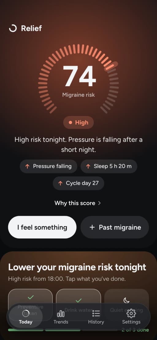 Today at 74, high, with Lower your migraine risk tonight: 2 of 3 done
