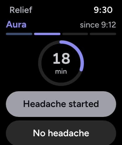 The aura stage at 18 minutes, with a calm, dimmed screen