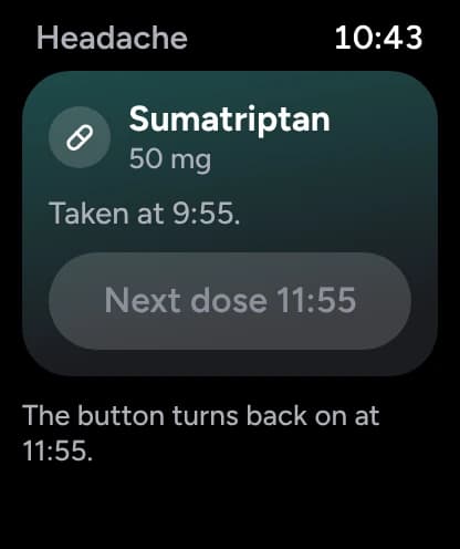 Sumatriptan 50 mg taken at 9:55; next dose from 11:55, as your plan sets