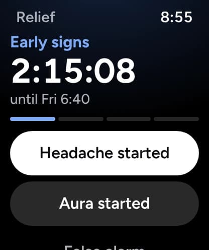 Relief on Apple Watch tracking early signs for 2:15:08, with Headache started and Aura started