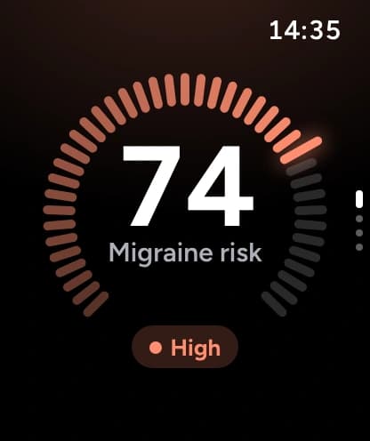 Relief on Apple Watch: migraine risk 74, high
