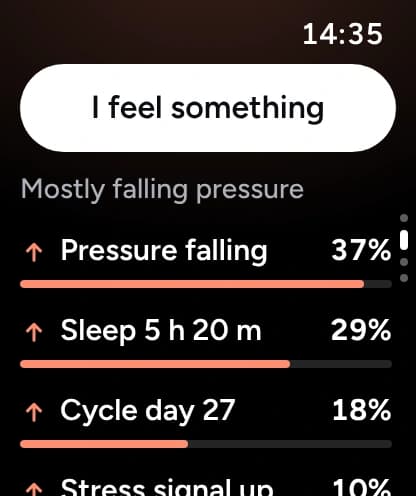 Why this score: mostly falling pressure, 37%, then sleep 5 h 20 m, 29%