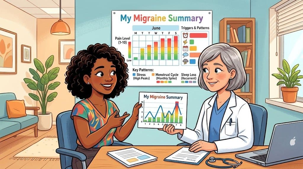 A patient discussing her migraine pain scale summary chart with a healthcare professional in an office.