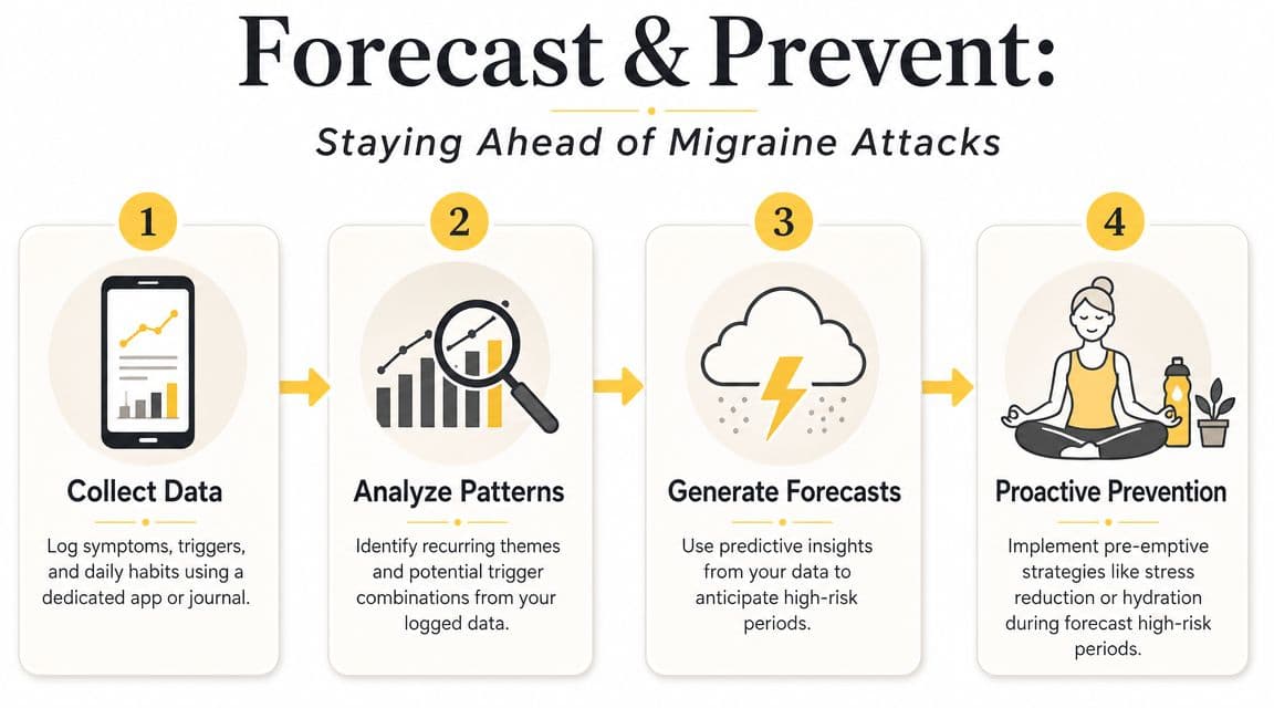 A four-step infographic illustrating how to track, analyze, predict, and prevent migraine attacks using data logging.