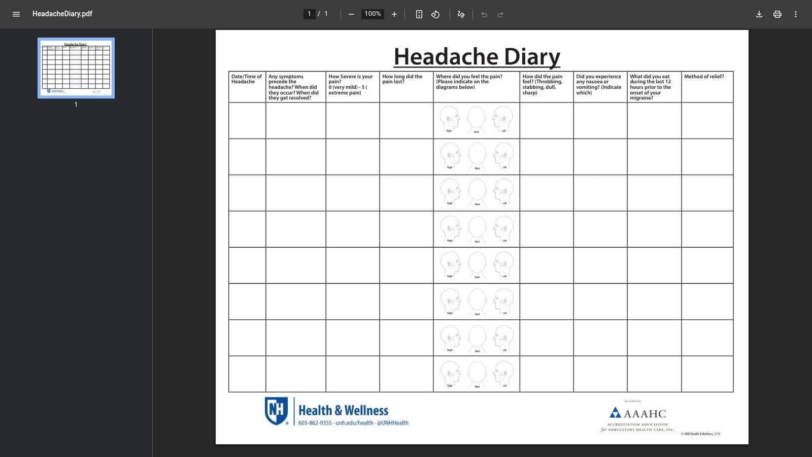 University of New Hampshire Health & Wellness – Headache Diary (PDF)