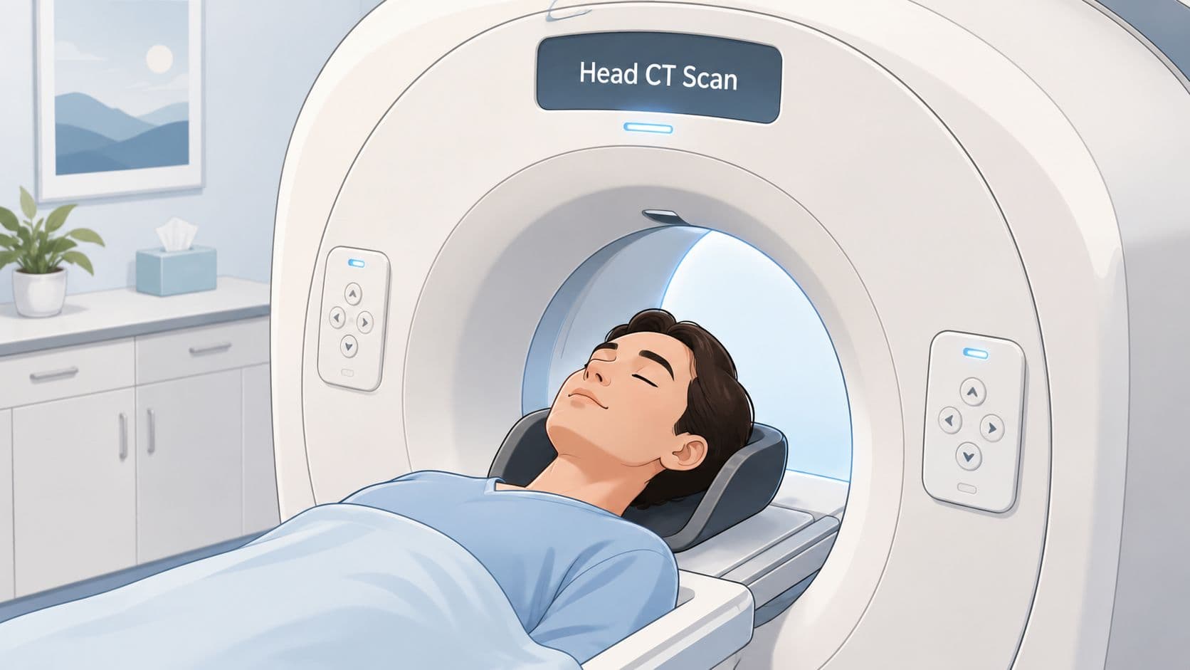 A person lying comfortably in a medical CT scanner machine while undergoing a head imaging procedure.