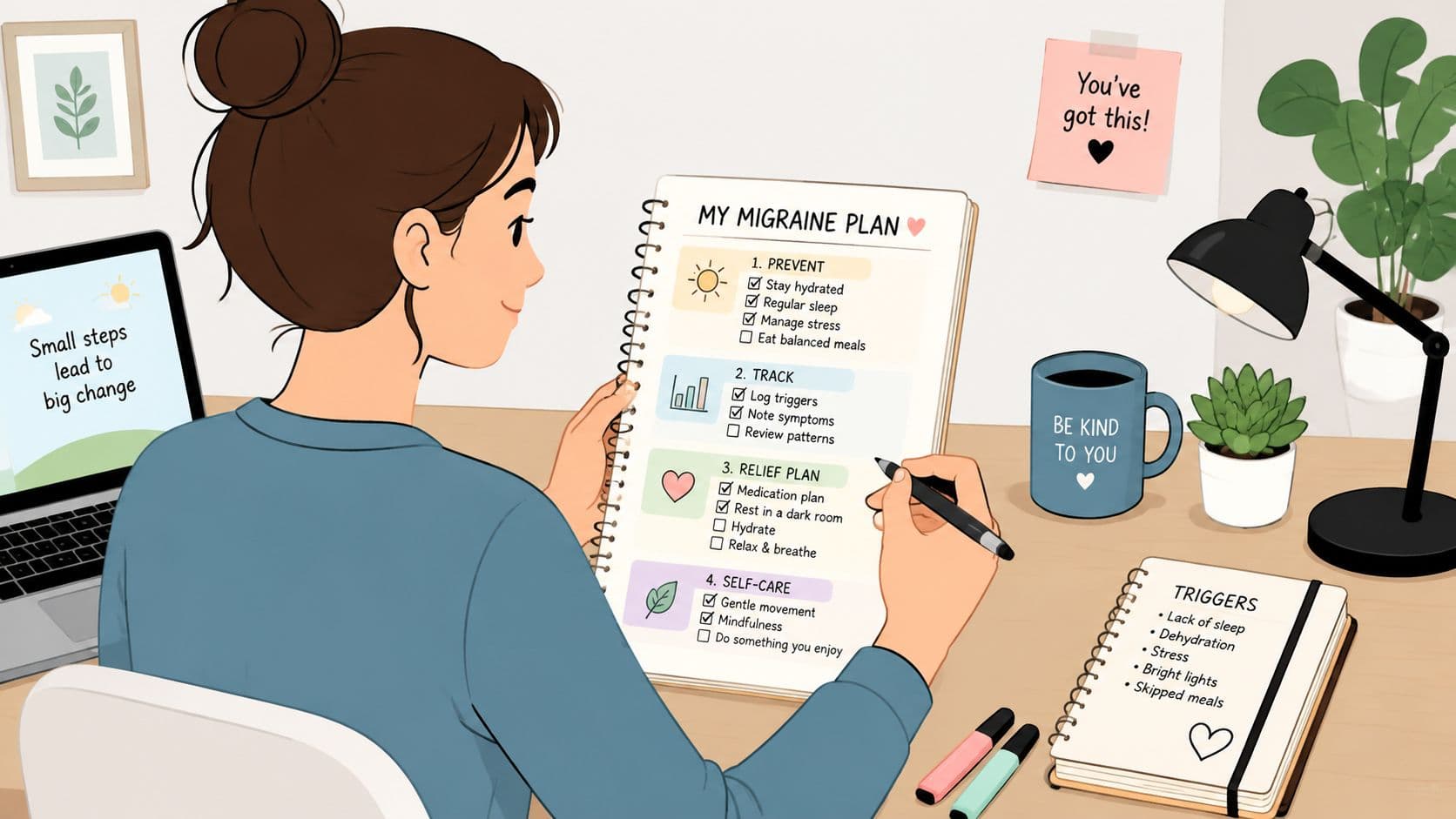 A woman working at a desk, checking off items on her structured migraine management plan notebook.