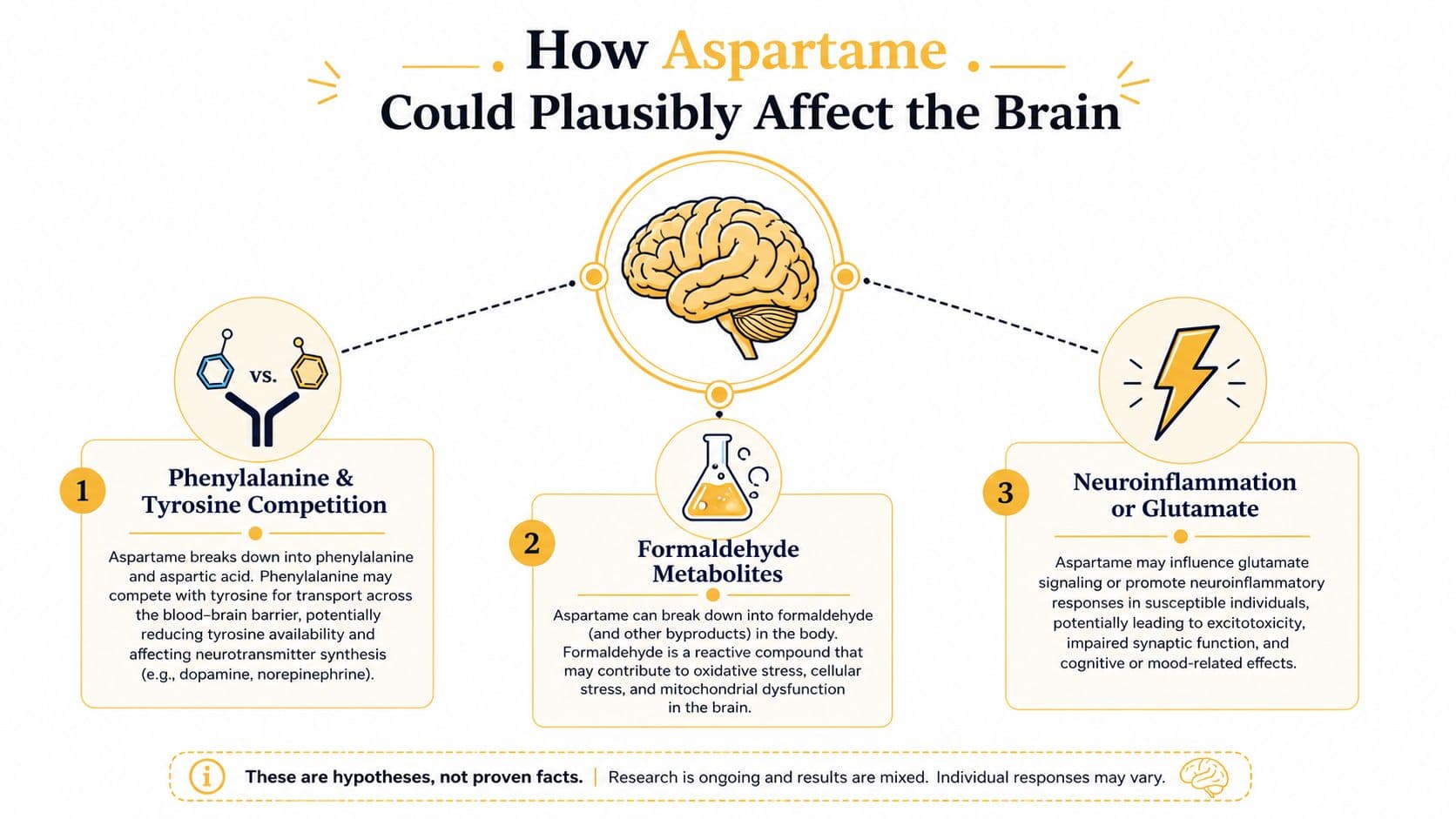 An infographic diagram explaining three hypothesized ways that aspartame consumption may potentially affect the human brain.