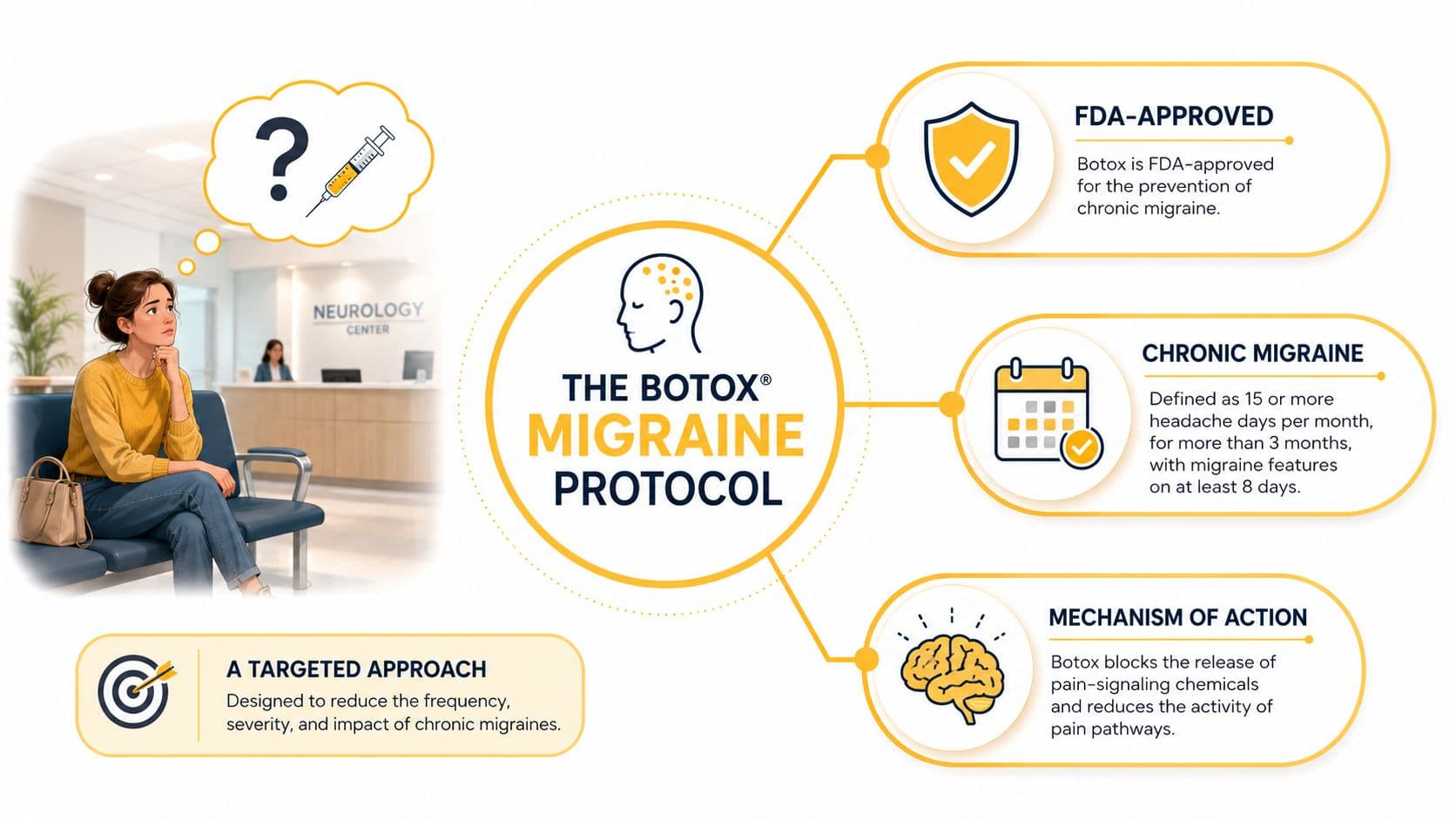 An infographic explaining the Botox migraine protocol, including its FDA approval, definition of chronic migraine, and mechanism.