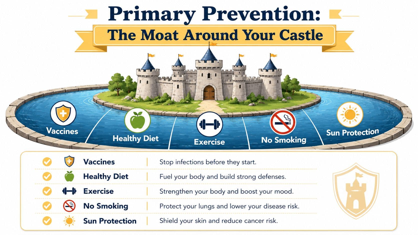 An infographic illustrating primary prevention methods like vaccines, diet, exercise, smoking cessation, and sun protection as a moat.