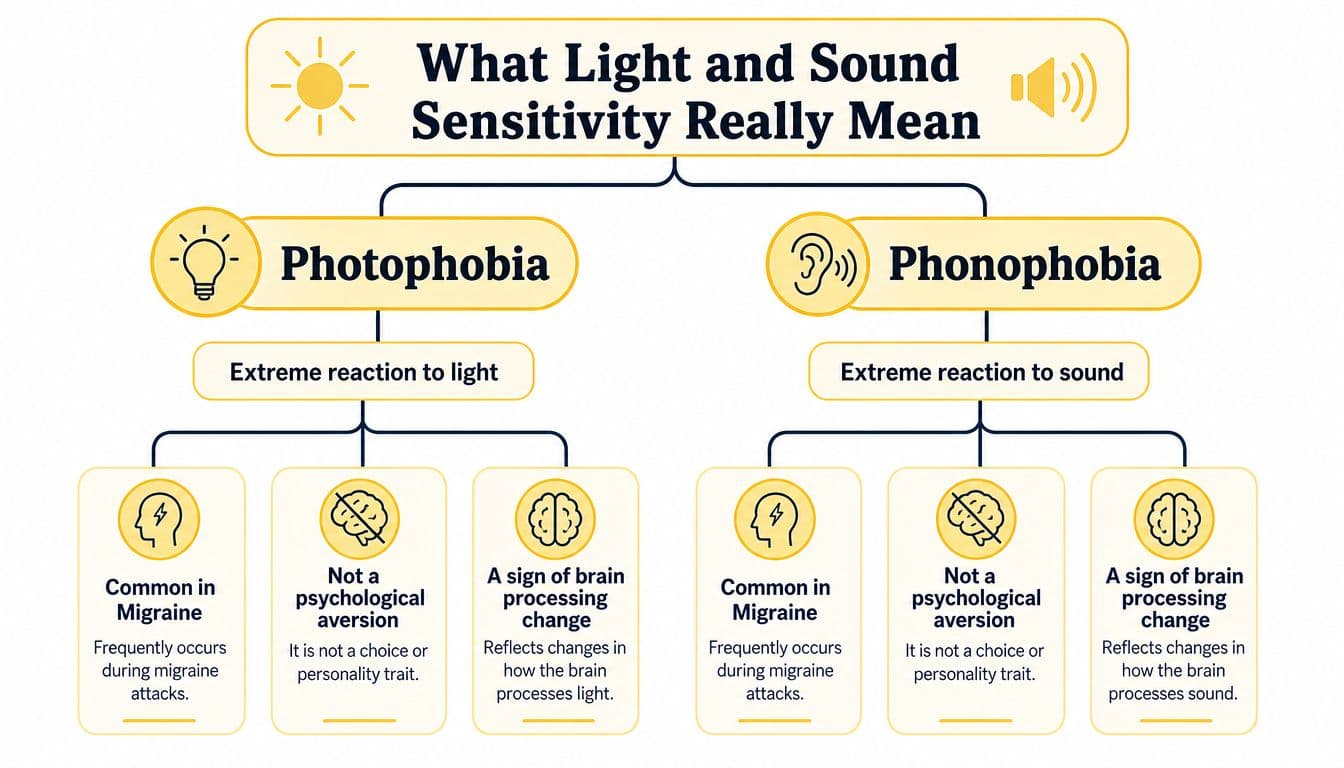 A flowchart explaining that photophobia and phonophobia are symptoms of brain processing changes rather than psychological aversions.