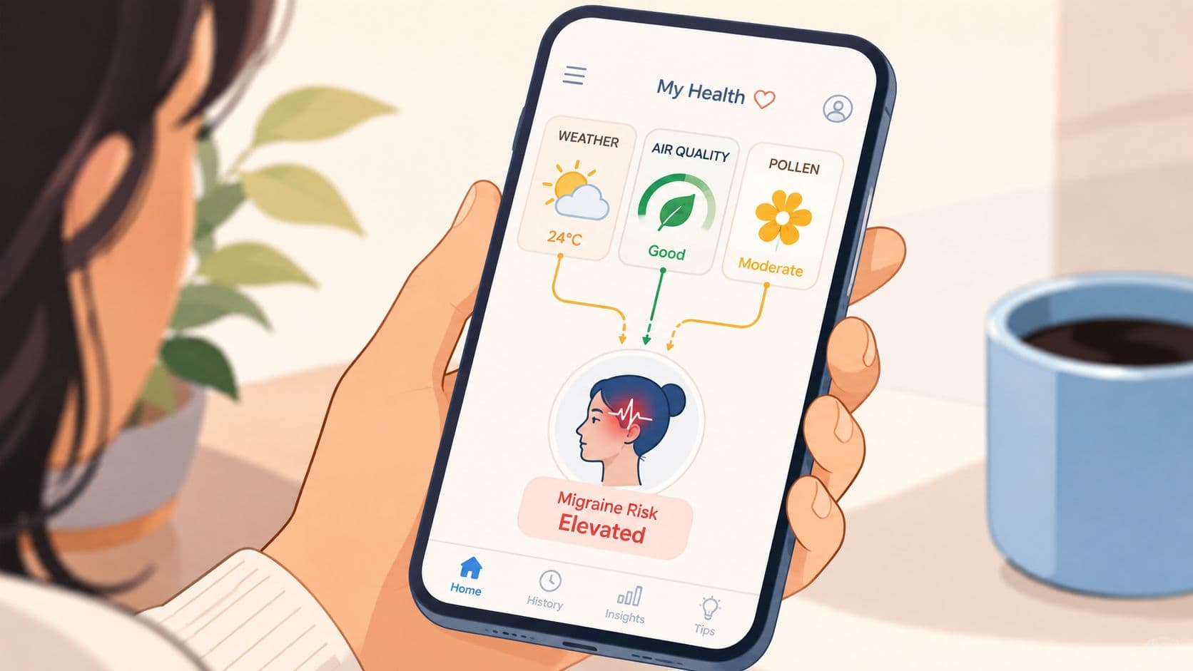 A person holding a smartphone displaying a health app tracking environmental factors and migraine risk levels.