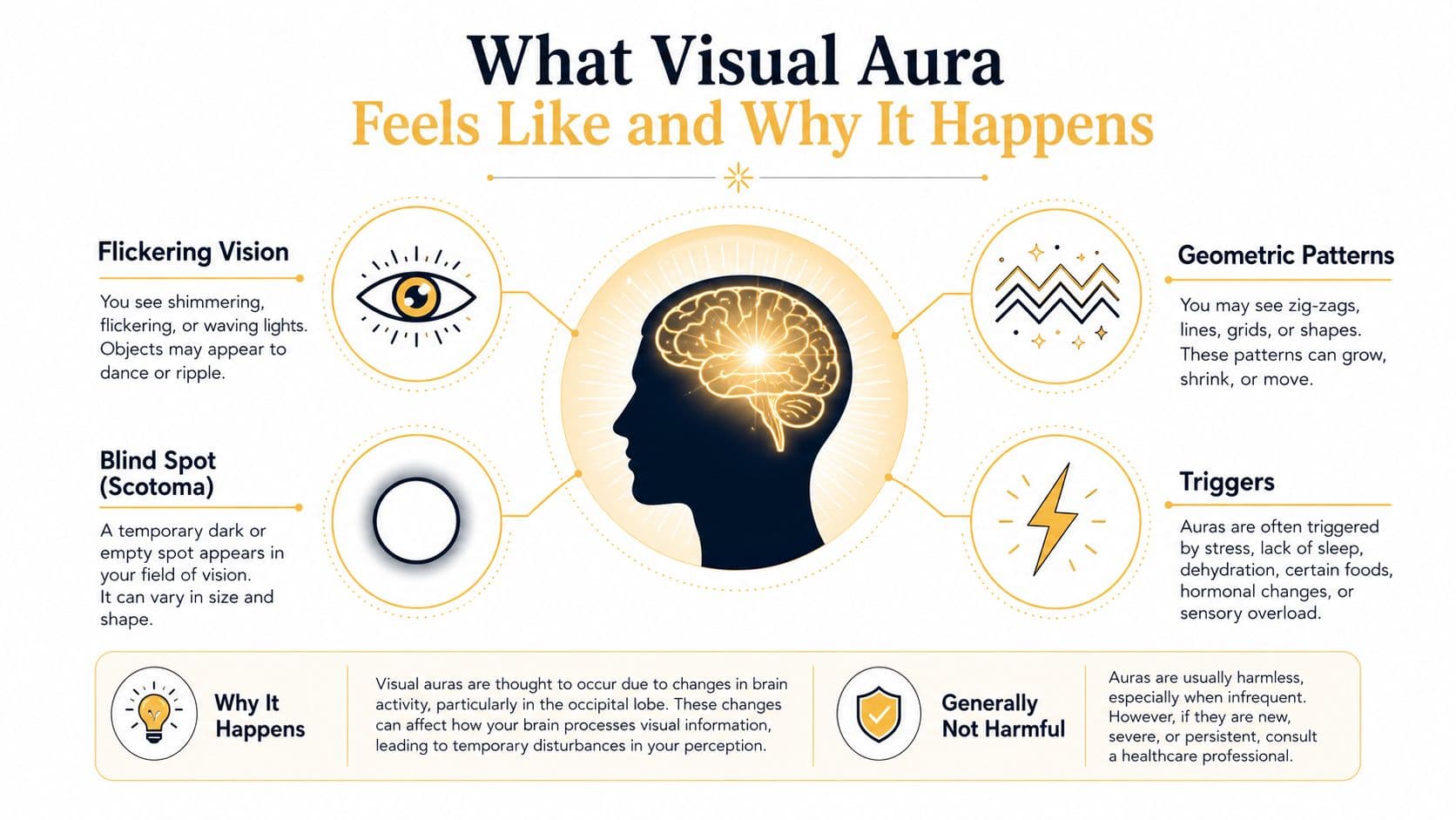 An infographic explaining visual aura symptoms like flickering vision, blind spots, geometric patterns, and common medical triggers.