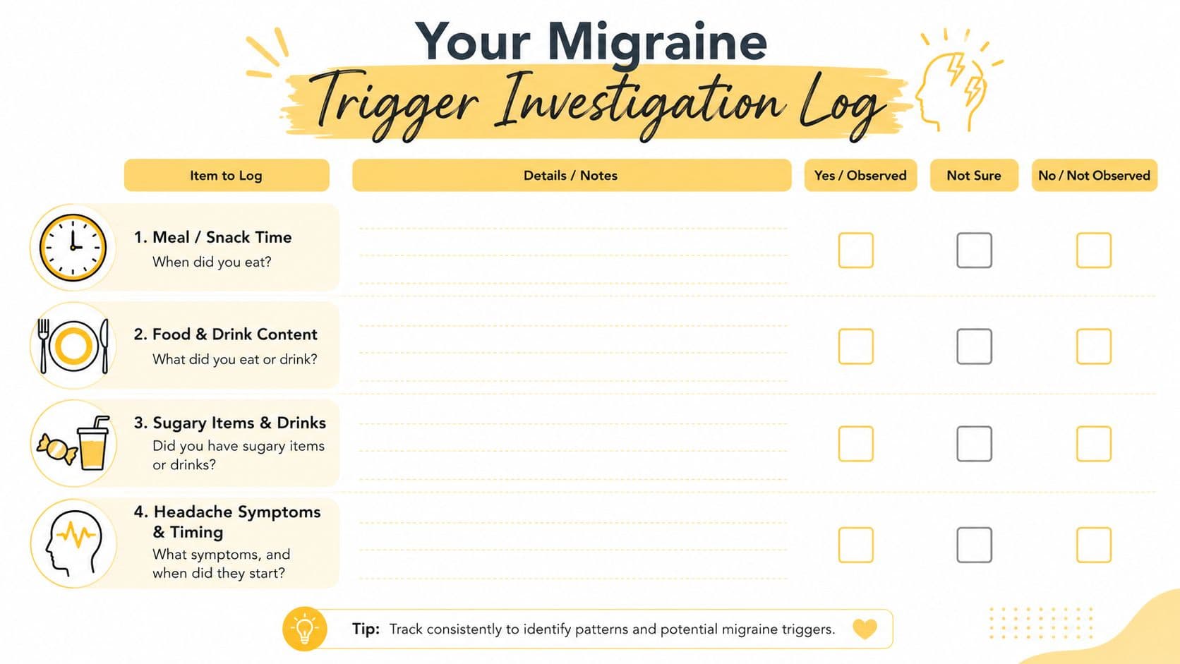 A Migraine Trigger Investigation Log template designed to help track meal times, food intake, and symptoms.