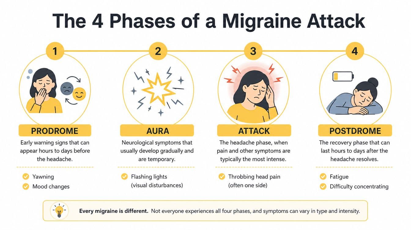 An infographic showing the four phases of a migraine attack: prodrome, aura, attack, and postdrome.