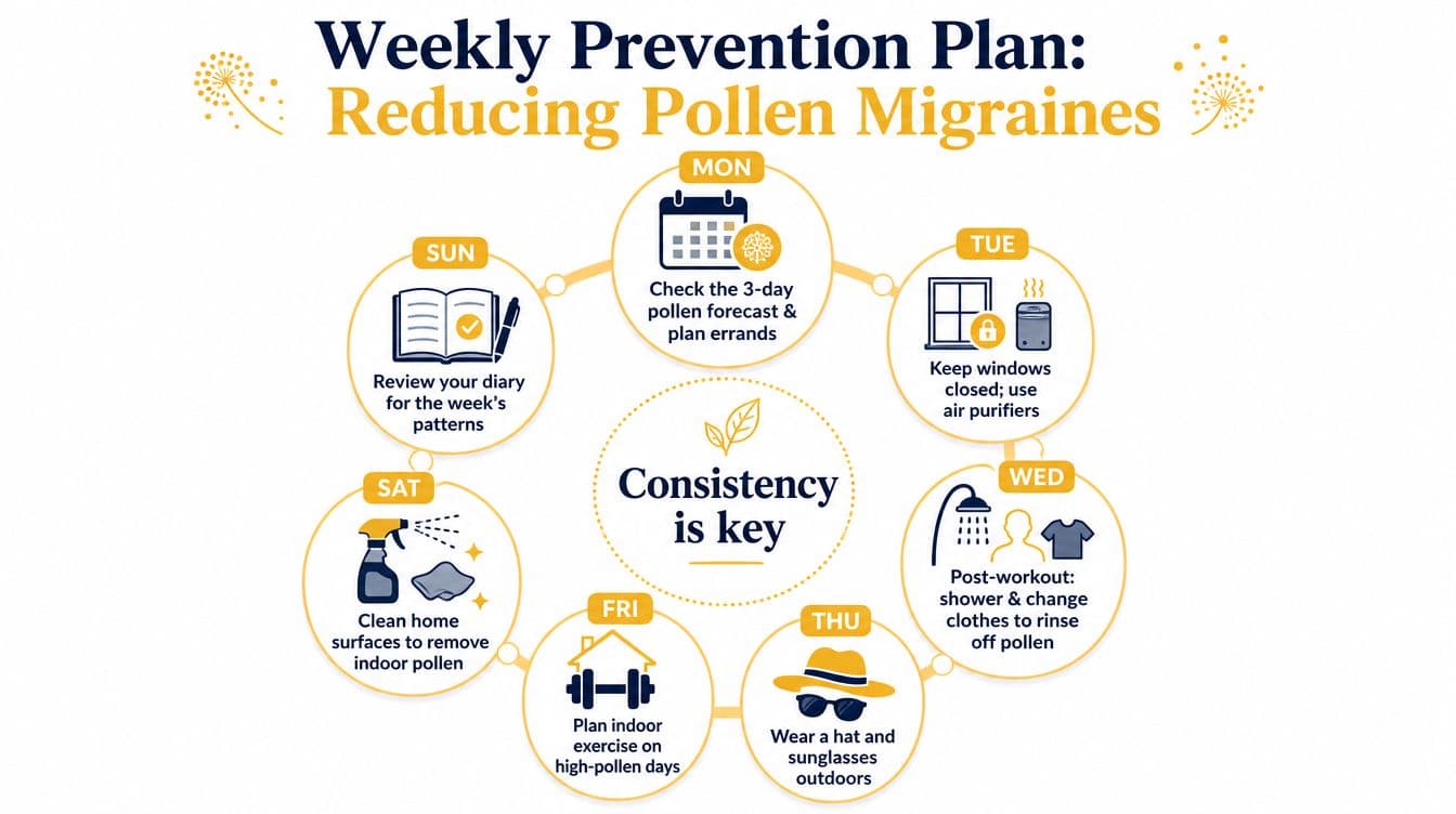 A weekly prevention plan diagram showing seven daily tips for reducing migraines triggered by pollen exposure.