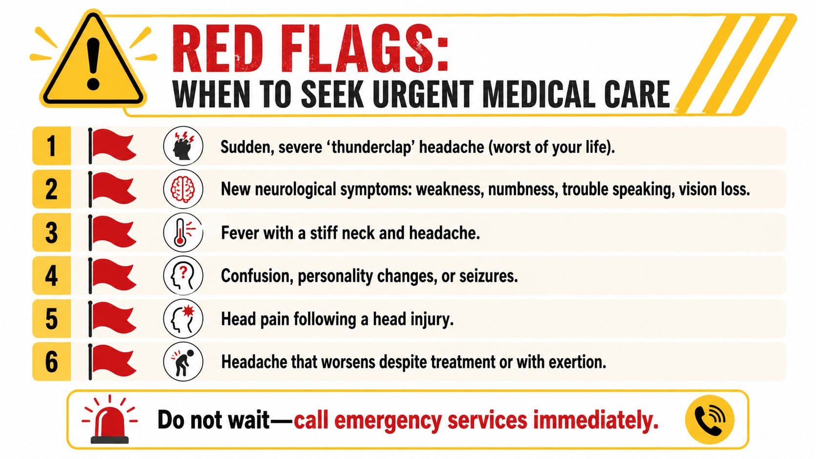A list of red flag symptoms for headaches indicating when to seek urgent medical care immediately.