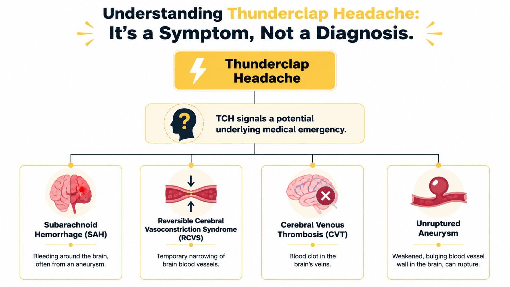 An infographic titled Understanding Thunderclap Headache explaining that it is a symptom of serious medical emergencies.