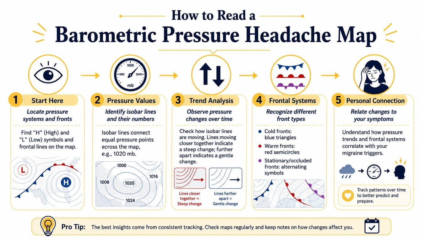 A five-step infographic explaining how to read a barometric pressure headache map for weather sensitivity.