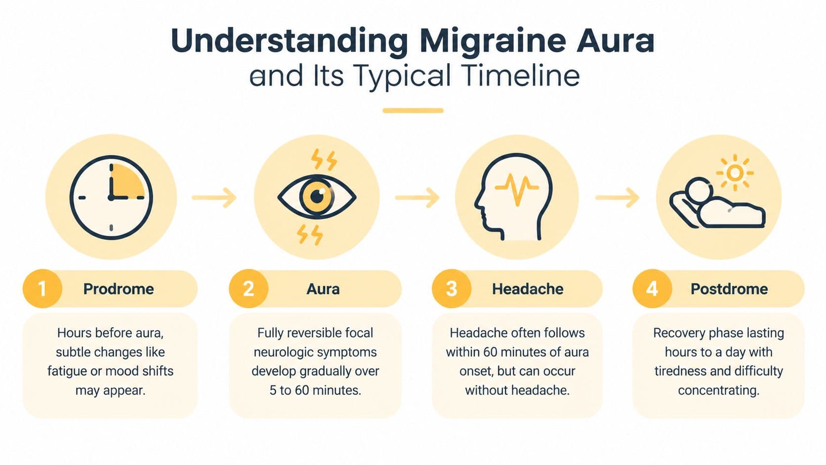 A four-step infographic illustrating the typical timeline of a migraine aura including prodrome, aura, headache, and postdrome phases.