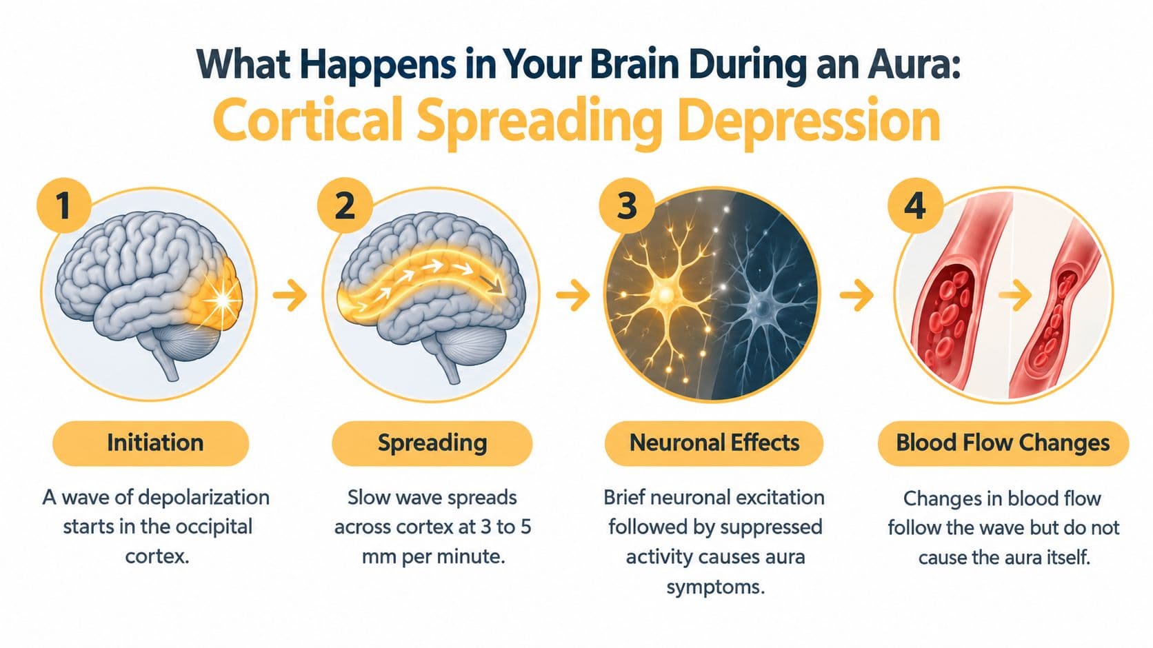 A diagram illustrating the four-step process of cortical spreading depression during a migraine aura in the brain.