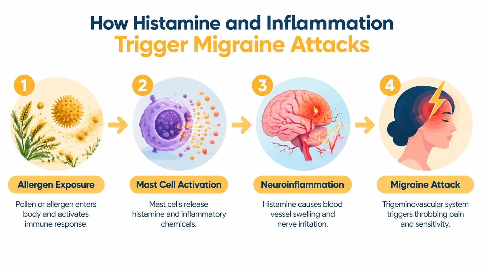 A four-step infographic illustrating how allergen exposure leads to mast cell activation, neuroinflammation, and subsequent migraine attacks.