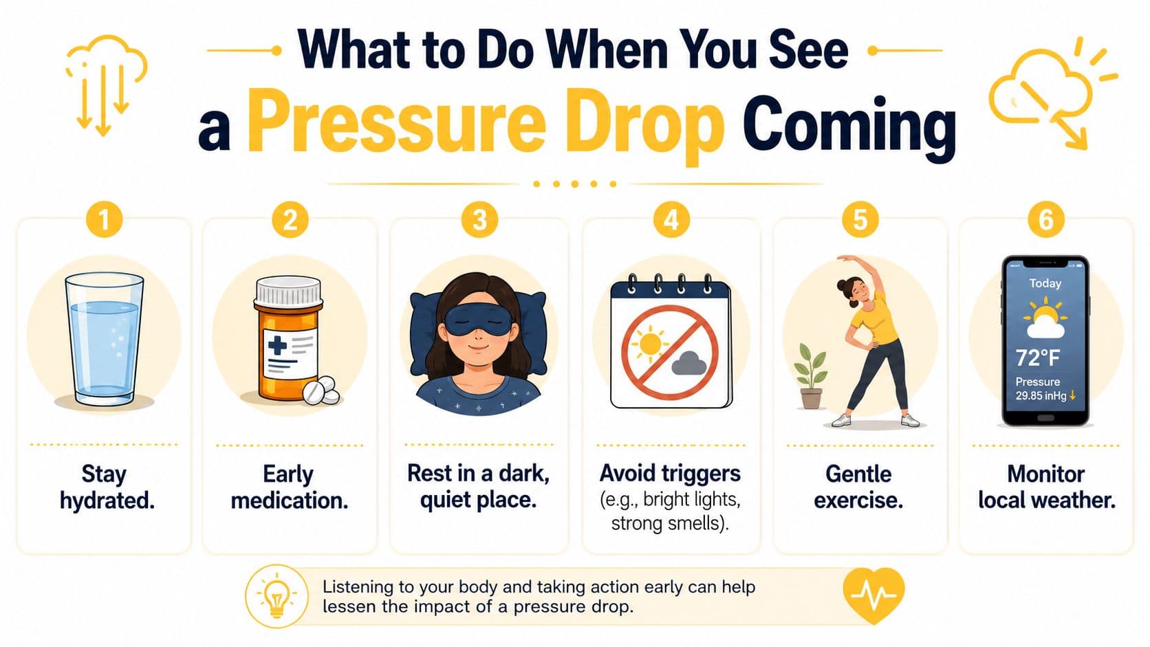 A six-step infographic on how to manage symptoms when anticipating a drop in barometric pressure.