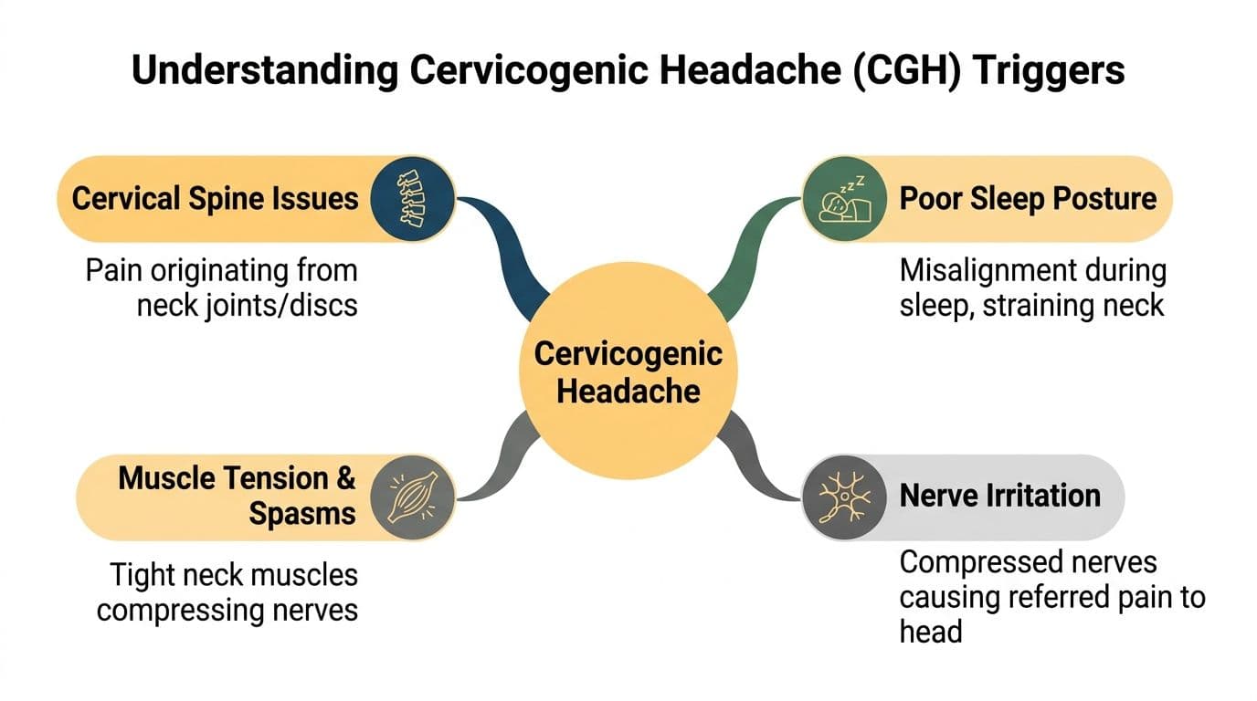 A mind map illustrating the primary physical triggers that contribute to developing a cervicogenic headache.