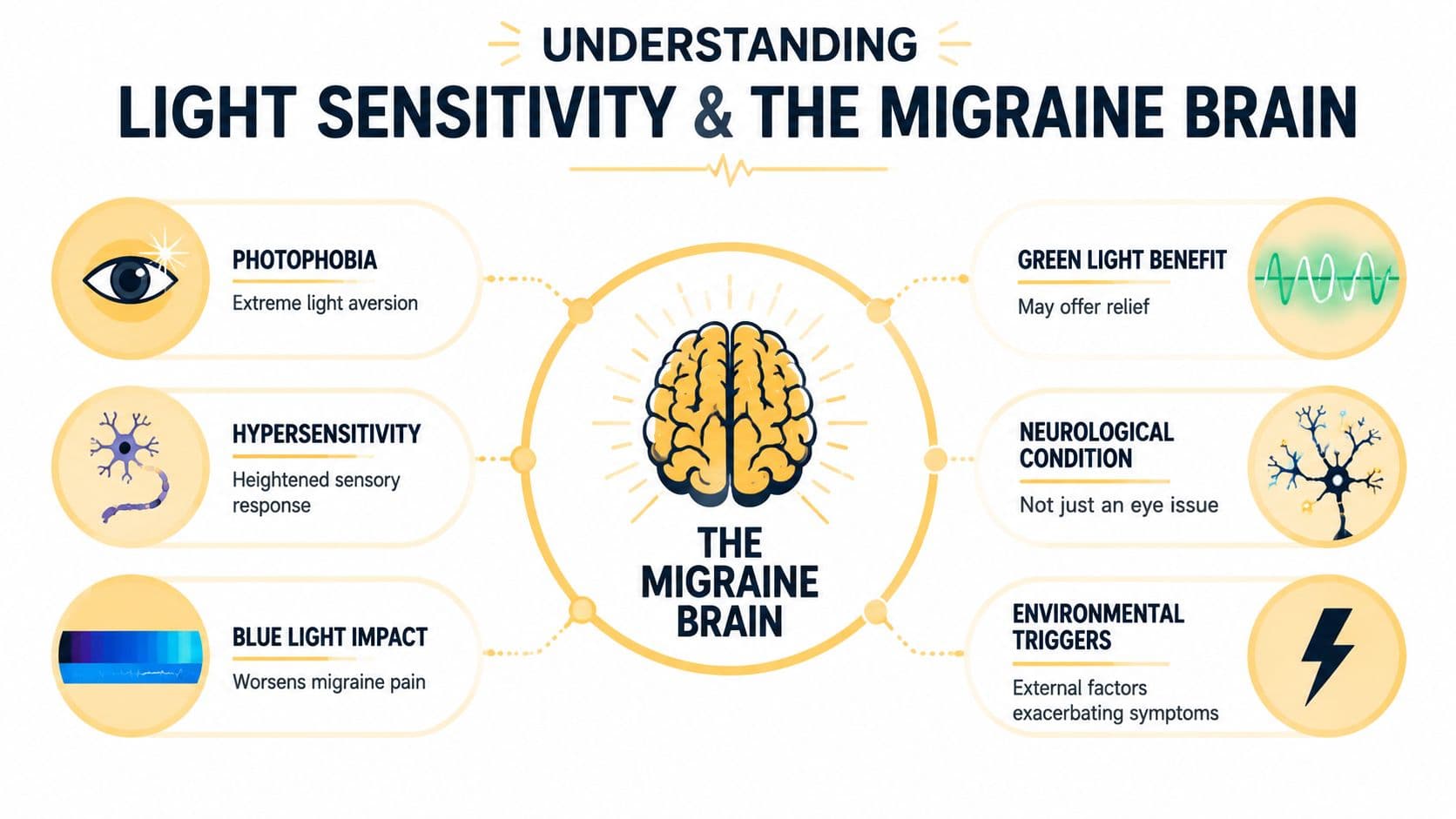 An infographic titled Understanding Light Sensitivity and the Migraine Brain, illustrating neurological and environmental triggers.