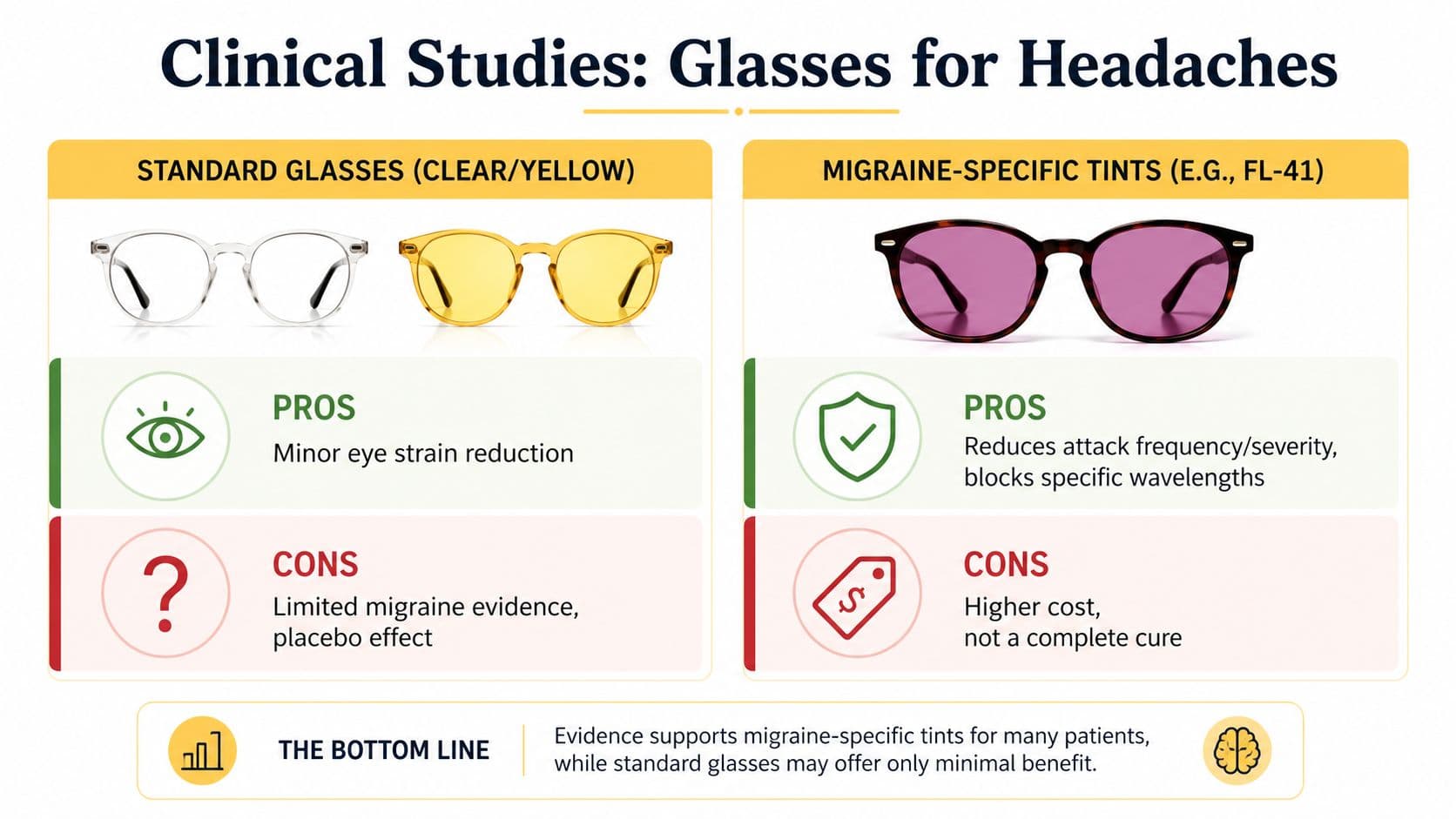 A comparison chart showing the pros and cons of standard glasses versus migraine-specific tinted glasses for headaches.