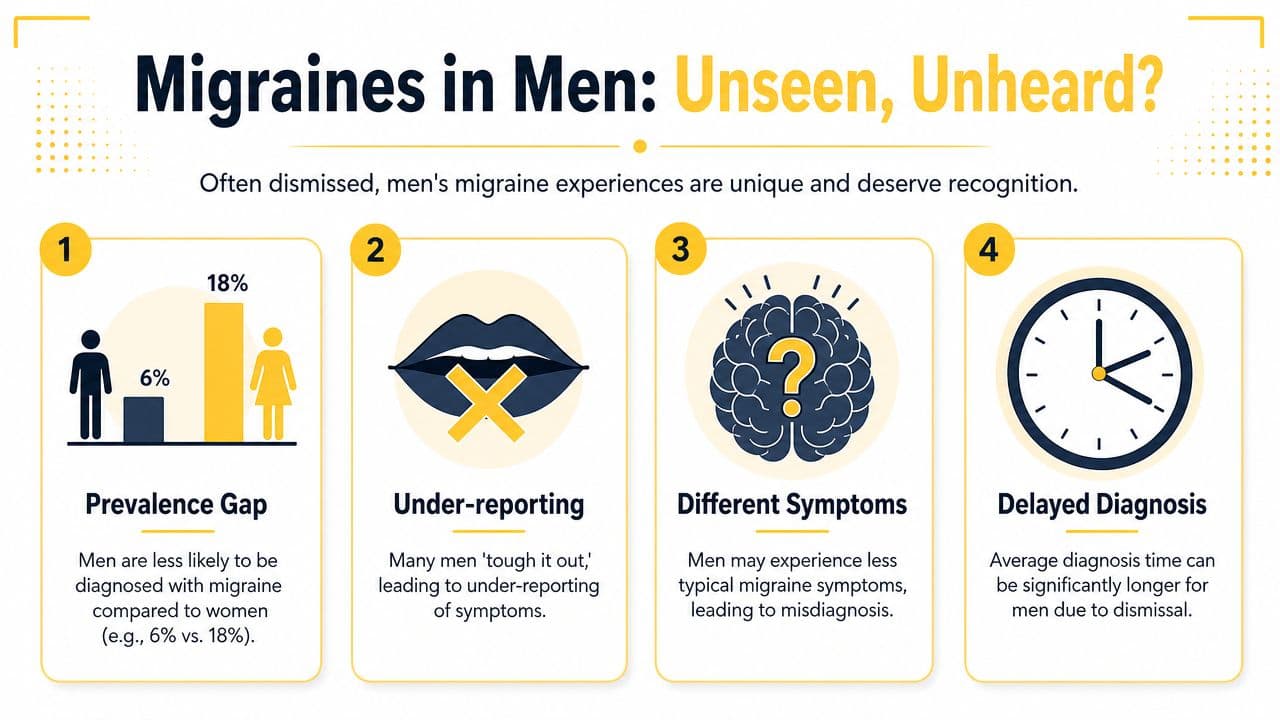 An infographic titled Migraines in Men explaining the prevalence gap, under-reporting, different symptoms, and delayed diagnosis.