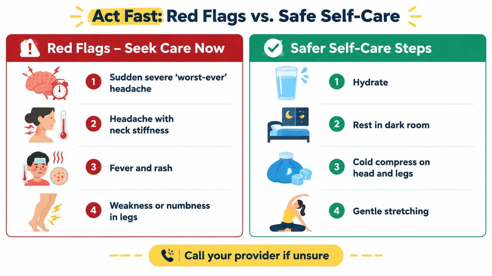A chart comparing emergency red flag headache symptoms with safe self-care steps for minor discomfort.