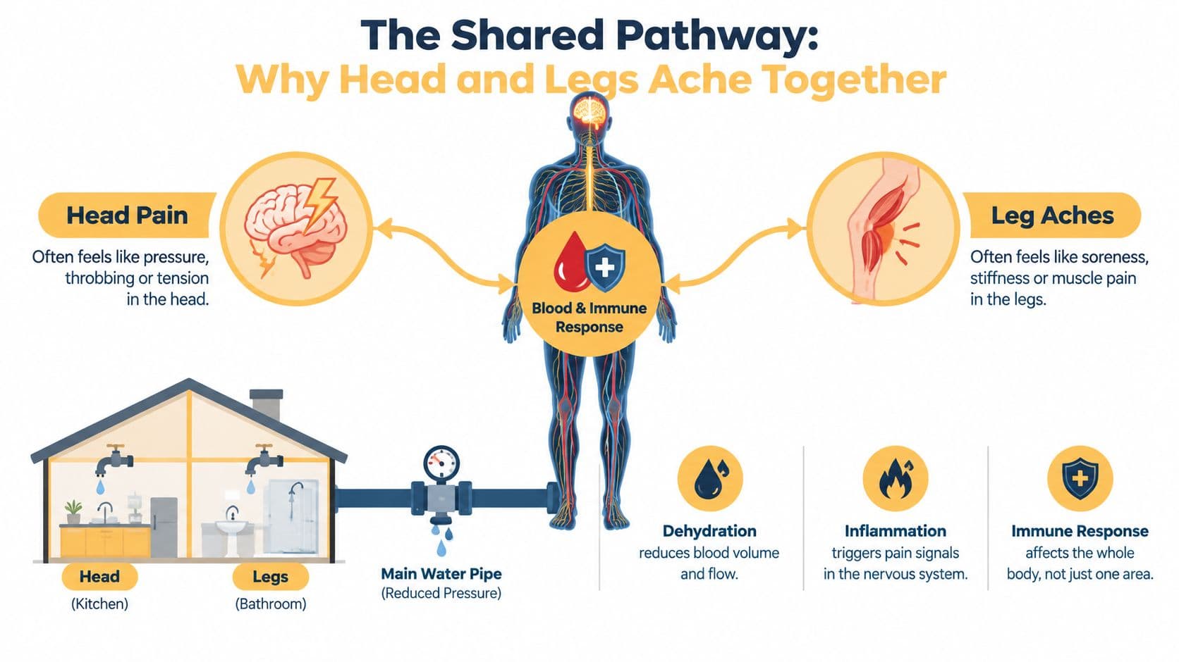 A diagram explaining how dehydration, inflammation, and immune responses cause both head pain and leg aches simultaneously.