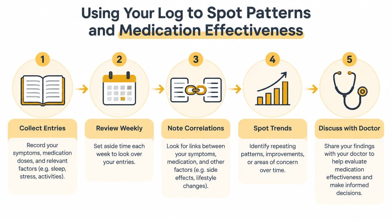 A five-step infographic showing how to use a personal log to track medication effectiveness and symptoms.