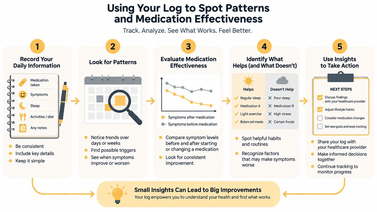 A five-step infographic showing how to use a personal log to track patterns and improve medication effectiveness.