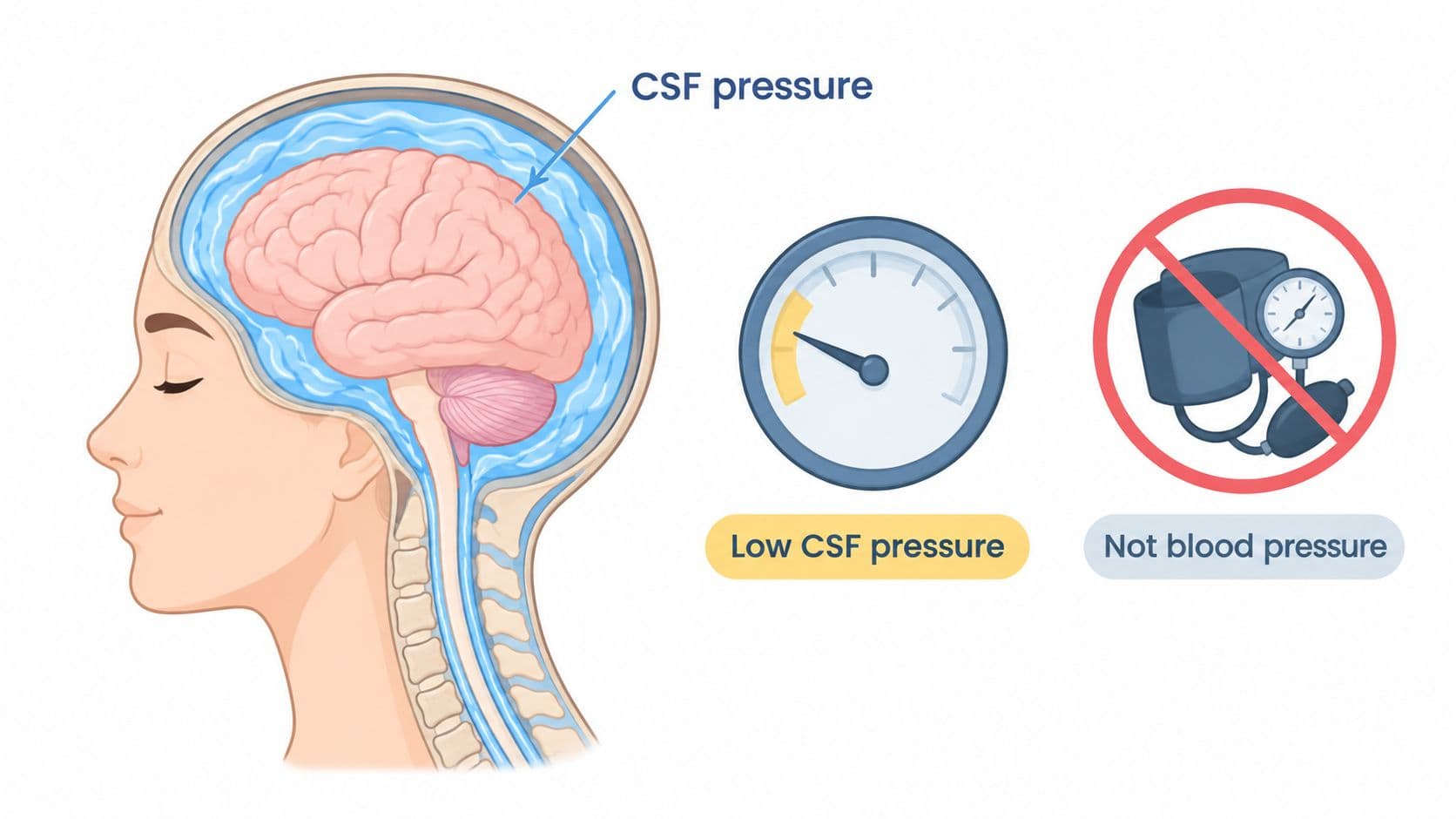 An illustration showing a cross-section of a human head highlighting low cerebrospinal fluid pressure compared to blood pressure.
