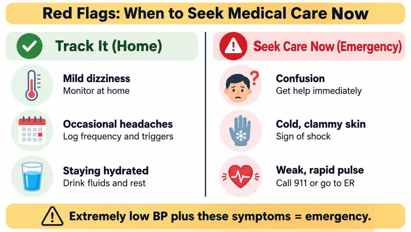 An infographic showing symptoms of low blood pressure that can be monitored at home versus emergency warning signs.
